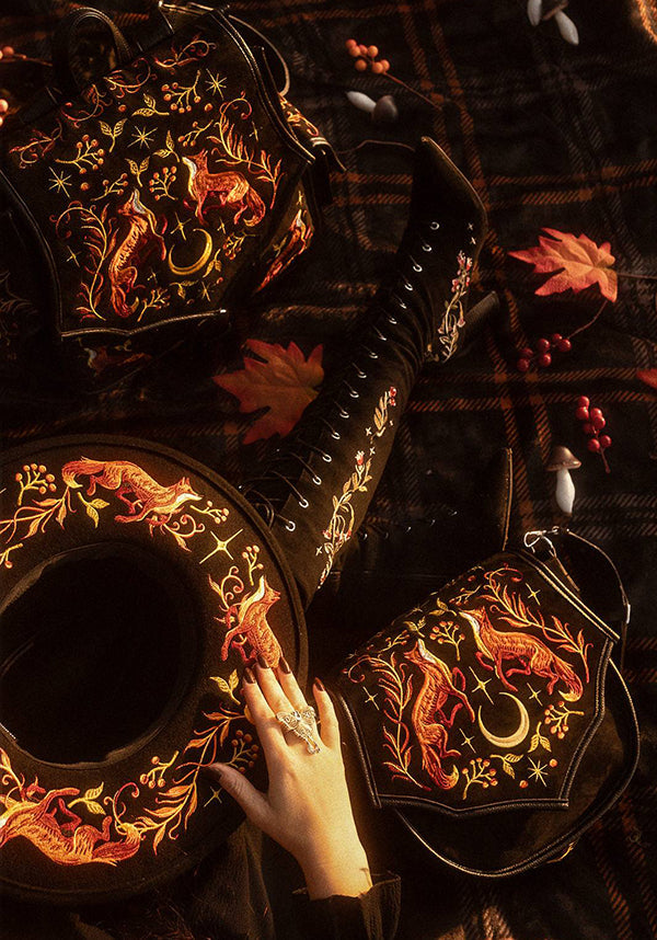 Borsa Foxfire Nights – Borsa a Tracolla in Finto Camoscio con Ricami di Volpe