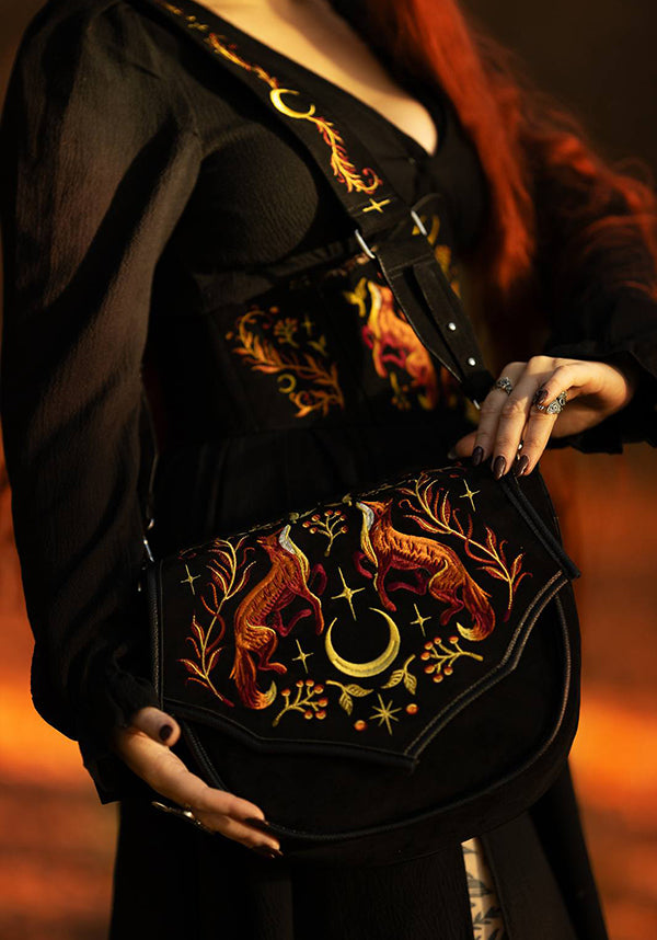 Borsa Foxfire Nights – Borsa a Tracolla in Finto Camoscio con Ricami di Volpe
