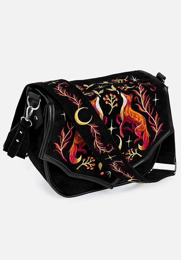 Borsa Foxfire Nights – Borsa a Tracolla in Finto Camoscio con Ricami di Volpe