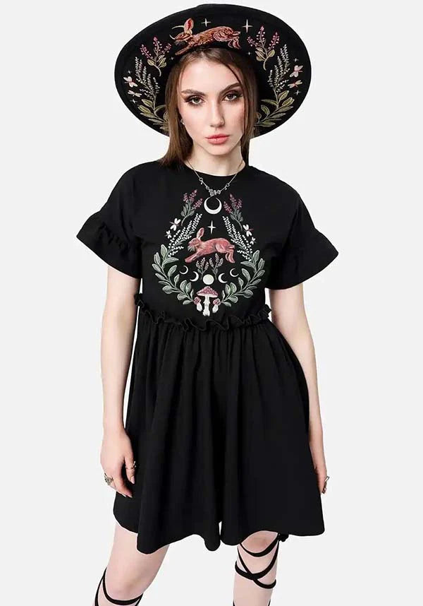 Abito Mini Hare Moon– Abito Forest Witch con stampa di Lepri, Lune e Sottobosco