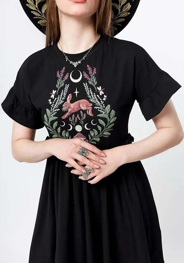 Abito Mini Hare Moon– Abito Forest Witch con stampa di Lepri, Lune e Sottobosco