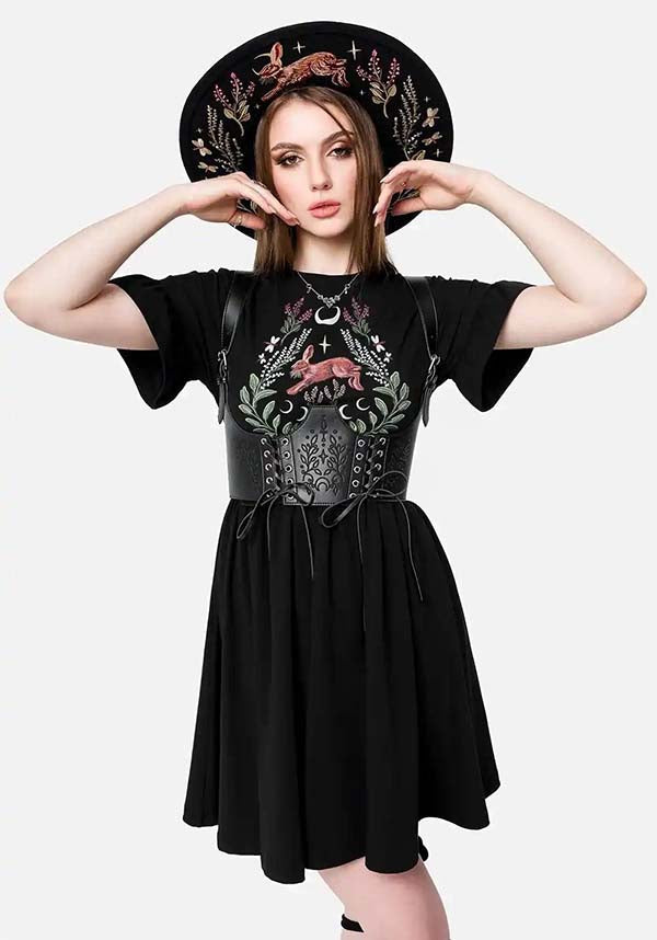 Abito Mini Hare Moon– Abito Forest Witch con stampa di Lepri, Lune e Sottobosco