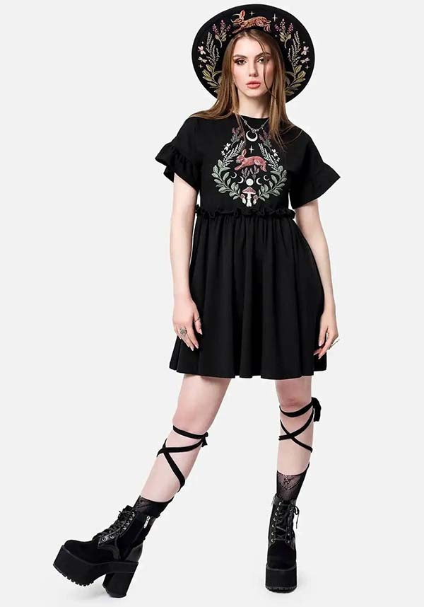 Abito Mini Hare Moon– Abito Forest Witch con stampa di Lepri, Lune e Sottobosco