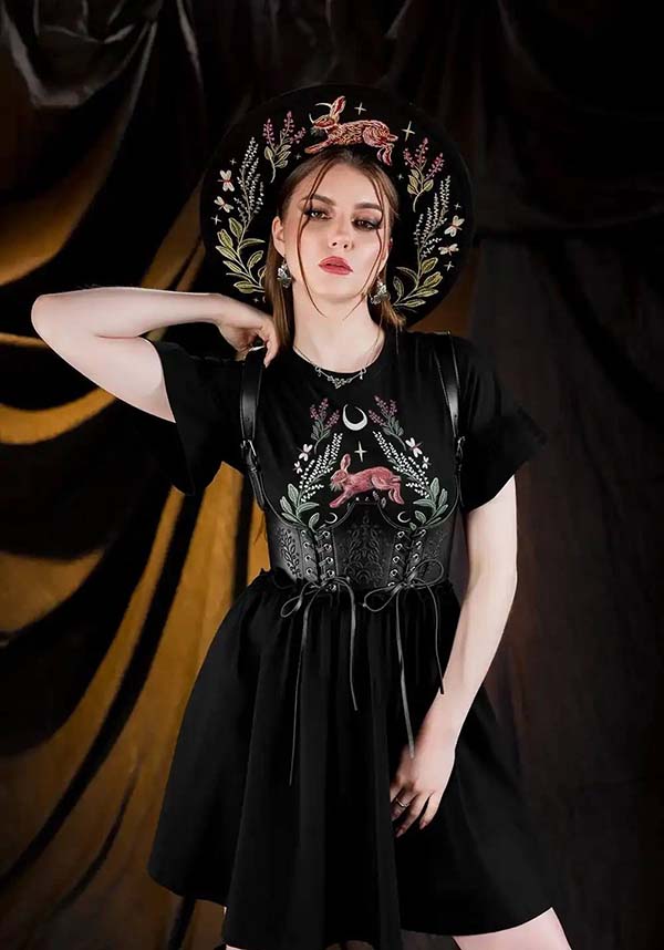 Abito Mini Hare Moon– Abito Forest Witch con stampa di Lepri, Lune e Sottobosco