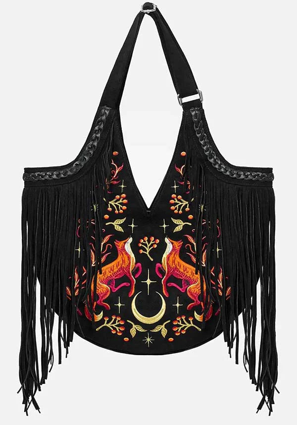 Borsa Lunar Grove – Maxi Borsa a Spalla in Finto Camoscio con Ricami di Volpe e Frange