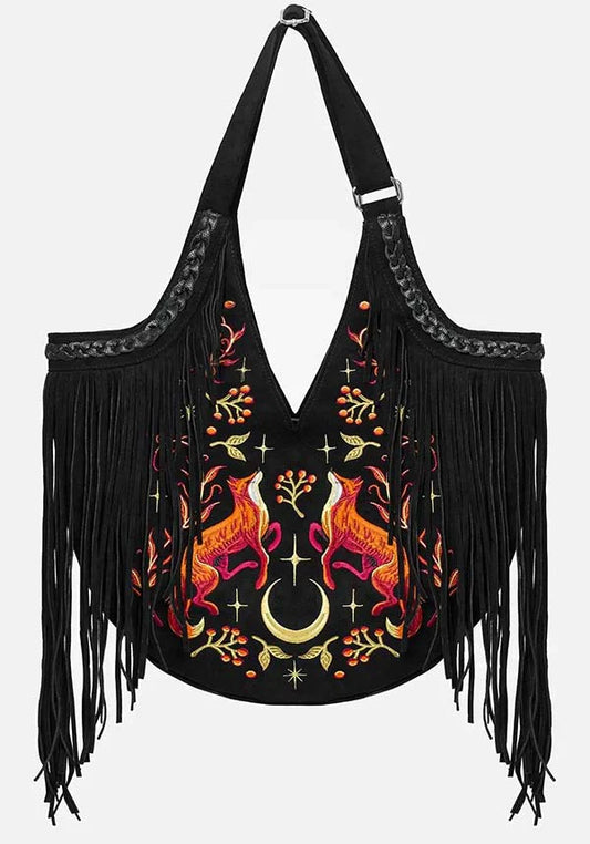 Borsa Lunar Grove – Maxi Borsa a Spalla in Finto Camoscio con Ricami di Volpe e Frange