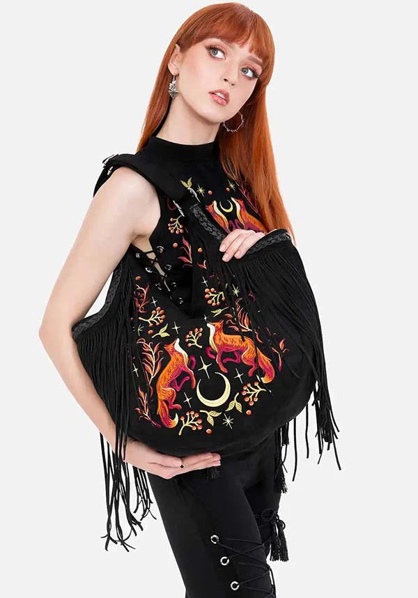 Borsa Lunar Grove – Maxi Borsa a Spalla in Finto Camoscio con Ricami di Volpe e Frange