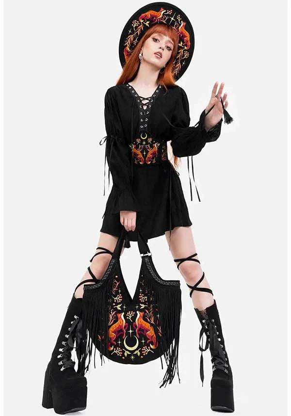 Borsa Lunar Grove – Maxi Borsa a Spalla in Finto Camoscio con Ricami di Volpe e Frange