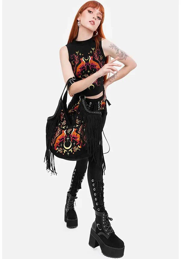 Borsa Lunar Grove – Maxi Borsa a Spalla in Finto Camoscio con Ricami di Volpe e Frange