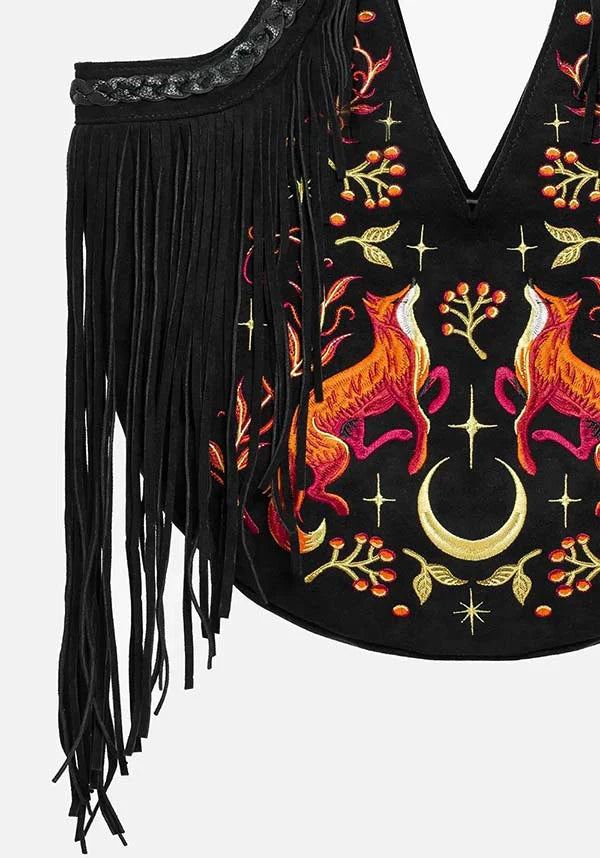 Borsa Lunar Grove – Maxi Borsa a Spalla in Finto Camoscio con Ricami di Volpe e Frange