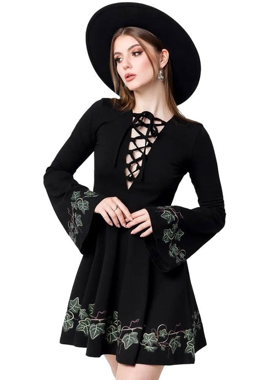 Abito Mini Tangled Vines– Abito Botanical Witch con stampa di Edera e maniche a campana