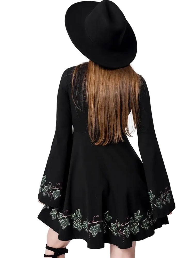 Abito Mini Tangled Vines– Abito Botanical Witch con stampa di Edera e maniche a campana