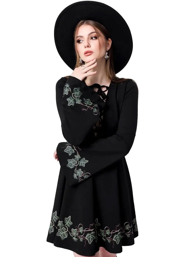 Abito Mini Tangled Vines– Abito Botanical Witch con stampa di Edera e maniche a campana