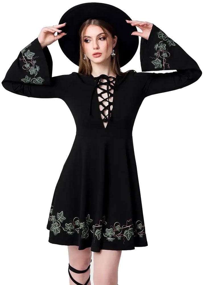 Abito Mini Tangled Vines– Abito Botanical Witch con stampa di Edera e maniche a campana
