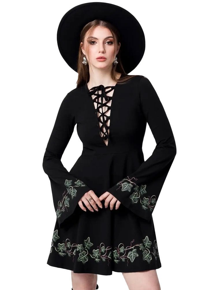 Abito Mini Tangled Vines– Abito Botanical Witch con stampa di Edera e maniche a campana