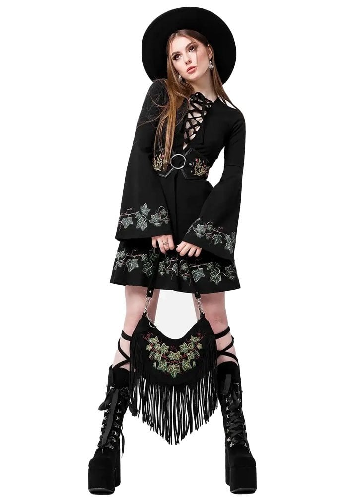 Abito Mini Tangled Vines– Abito Botanical Witch con stampa di Edera e maniche a campana
