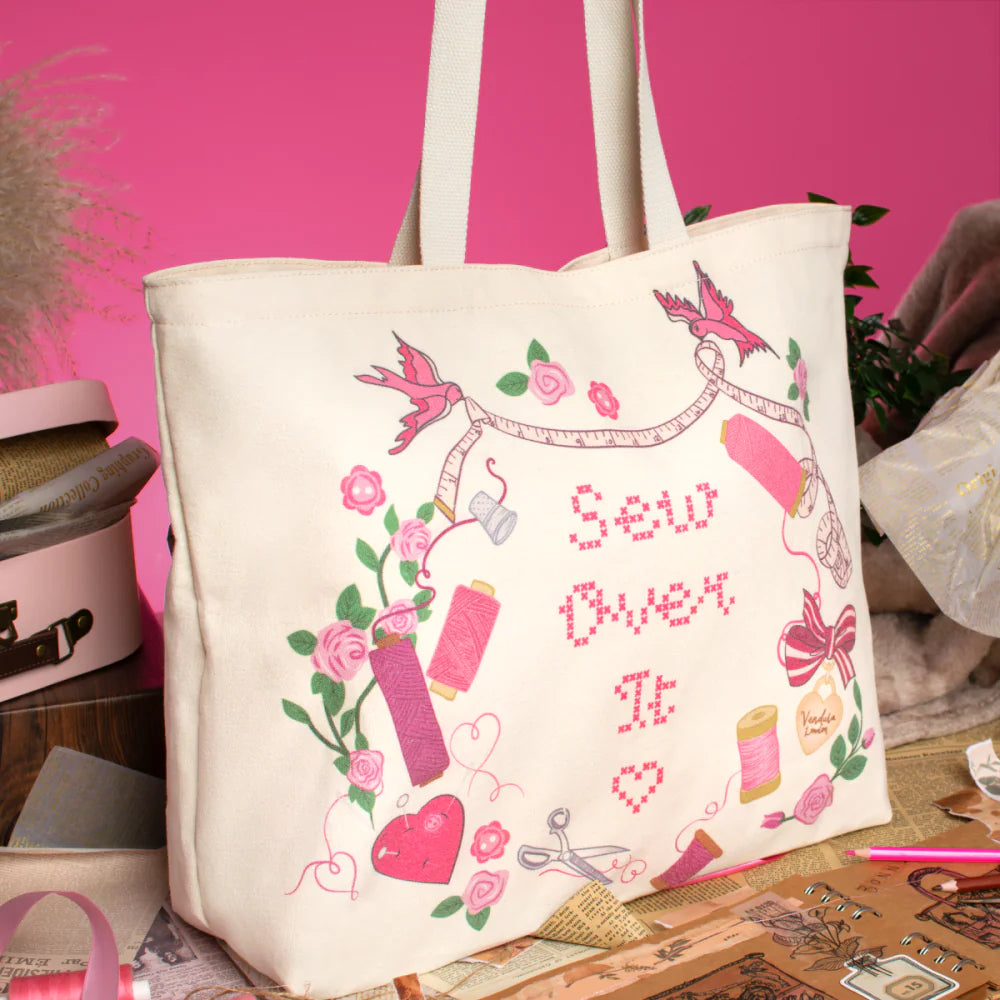 Borsa Tote Vendula London Sewing Box Scrapbook | Pink Ribbon