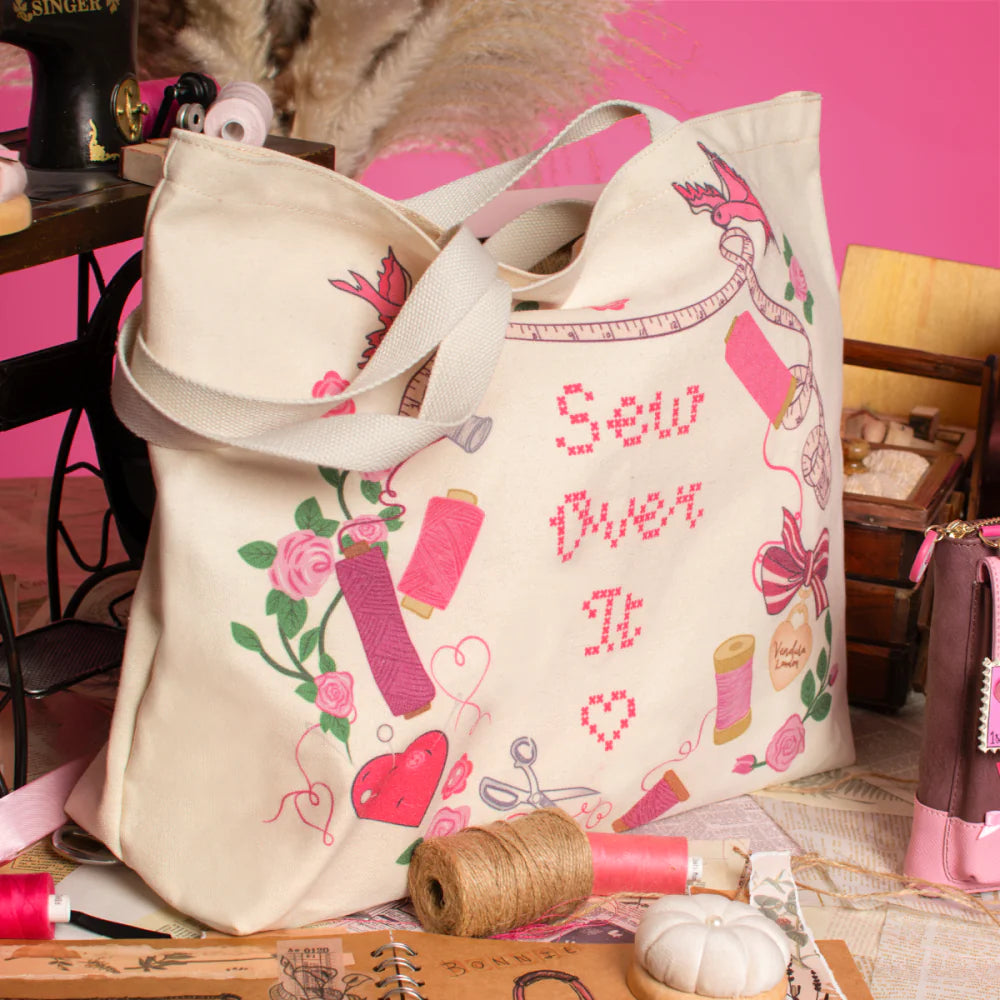 Borsa Tote Vendula London Sewing Box Scrapbook | Pink Ribbon